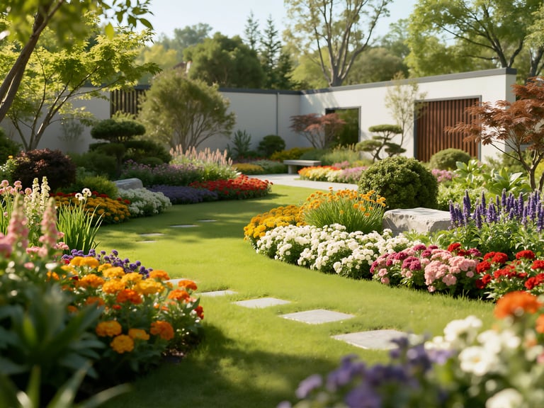 Beautiful garden design with stepping stones and vibrant flowers