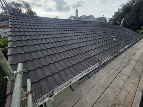 Sloped residential roof with dark gray tiles, metal gutters, and safety railings under cloudy sky