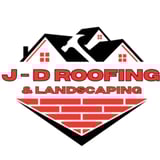 J-D Roofing & Landscapes logo featuring houses with red brick pattern and company name in red text