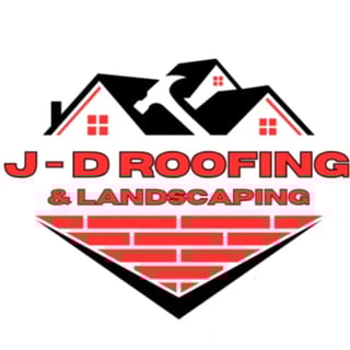 J-D Roofing & Landscapes logo featuring houses with red brick pattern and company name in red text