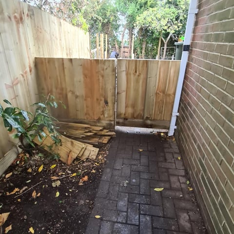Narrow backyard pathway with wooden fence gate and brick wall